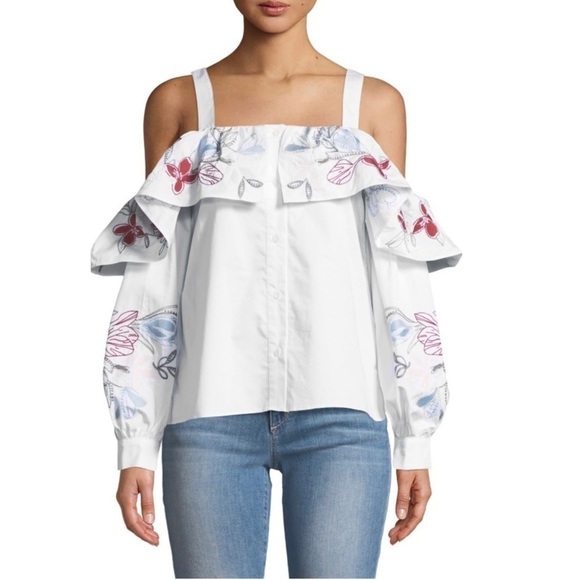 Parker Womens Upton Square-Neck Cold-Shoulder Embroidered Poplin Blouse Sz Med - Picture 1 of 13